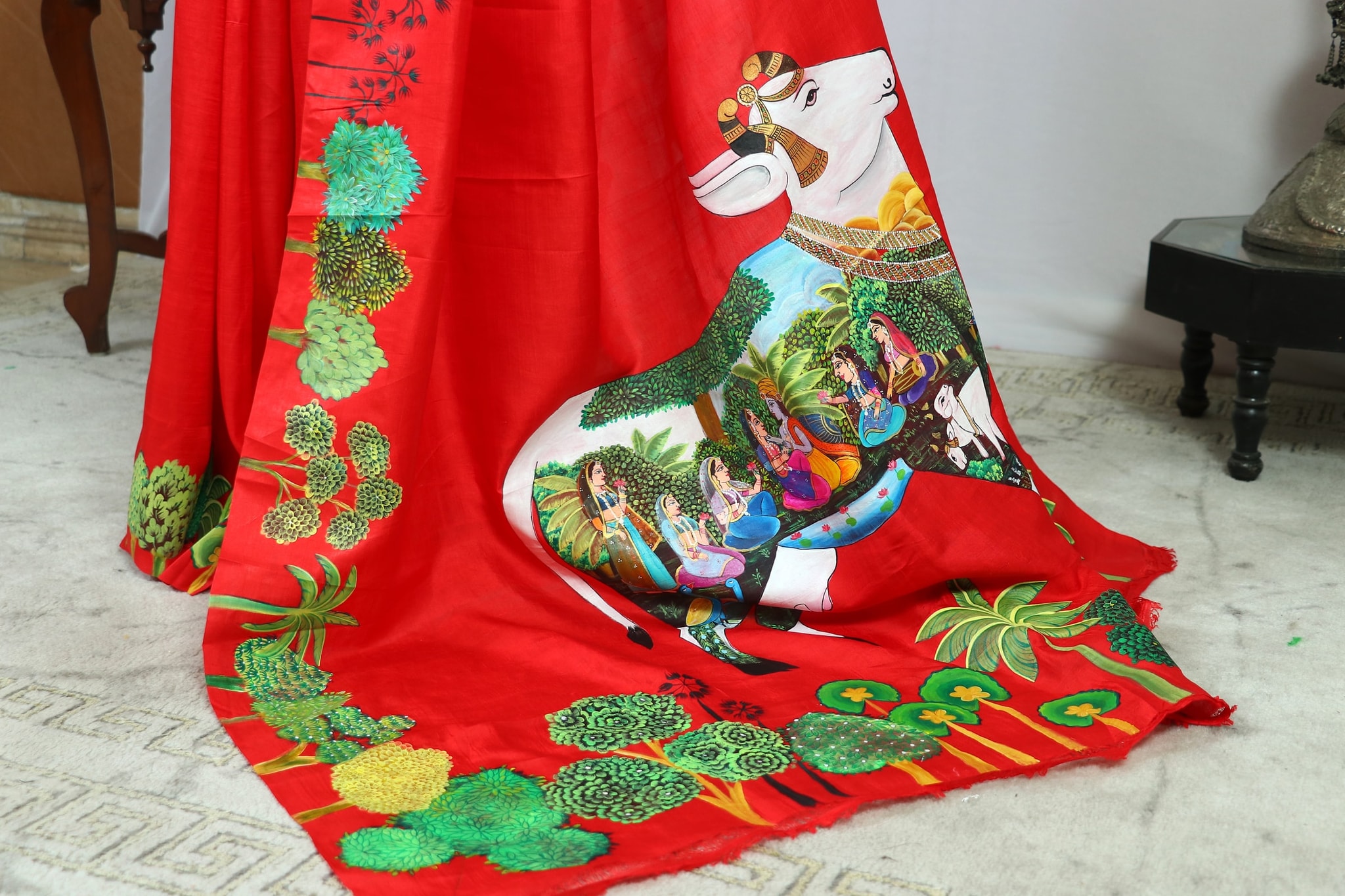 Pichwai – Radha Krishna Red Silk Saree - alternate view
